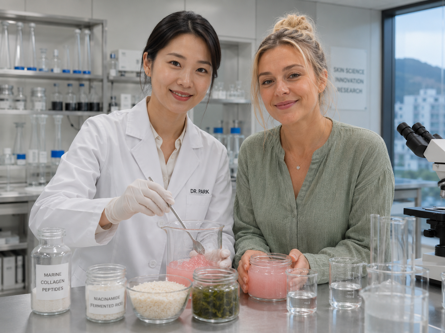 Sarah and Dr. Park working on the jelly cream formula